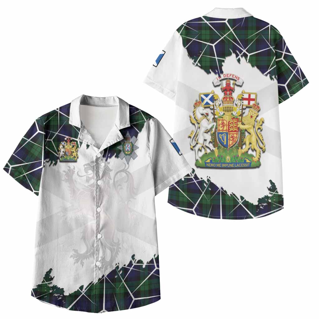 Black Watch Tartan Kid Hawaiian Shirt with Family Crest and Lion Rampant Grunge Style