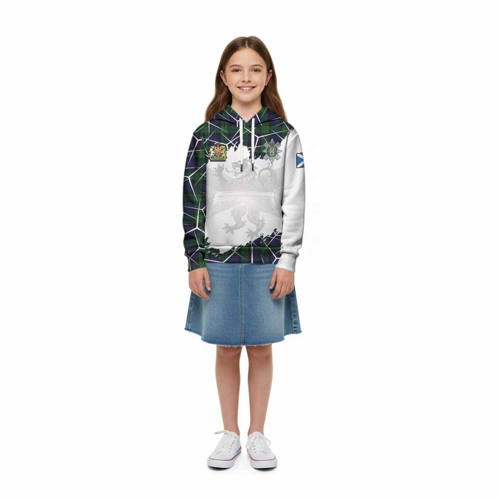 Black Watch Tartan Kid Hoodie with Family Crest and Lion Rampant Grunge Style