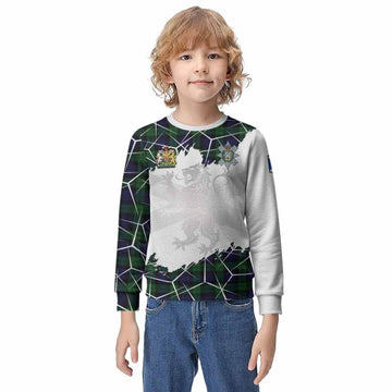 Black Watch Tartan Kid Knitted Sweatshirt with Family Crest and Lion Rampant Grunge Style