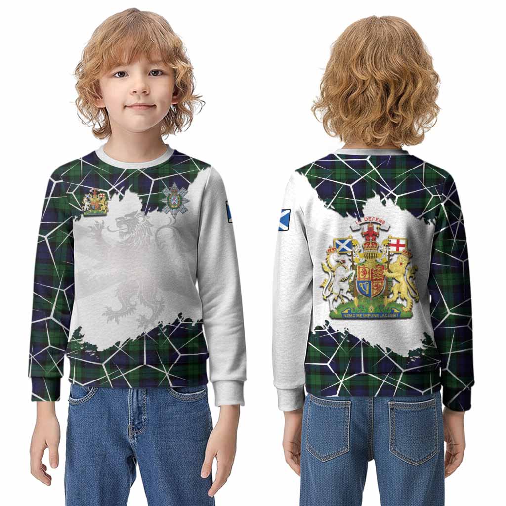 Black Watch Tartan Kid Knitted Sweatshirt with Family Crest and Lion Rampant Grunge Style