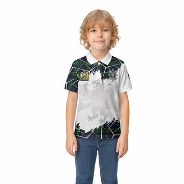 Black Watch Tartan Kid Polo Shirt with Family Crest and Lion Rampant Grunge Style