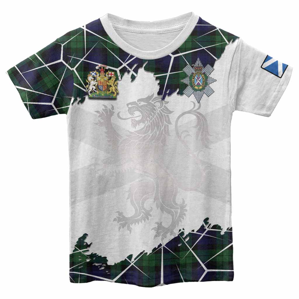 Black Watch Tartan Kid T-shirt with Family Crest and Lion Rampant Grunge Style