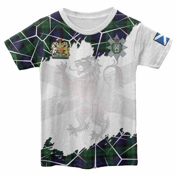 Black Watch Tartan Kid T-shirt with Family Crest and Lion Rampant Grunge Style