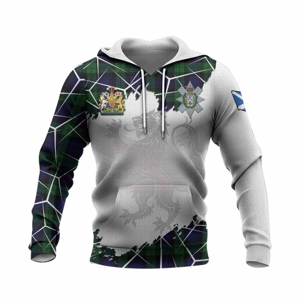 Black Watch Tartan Knitted Hoodie with Family Crest and Lion Rampant Grunge Style