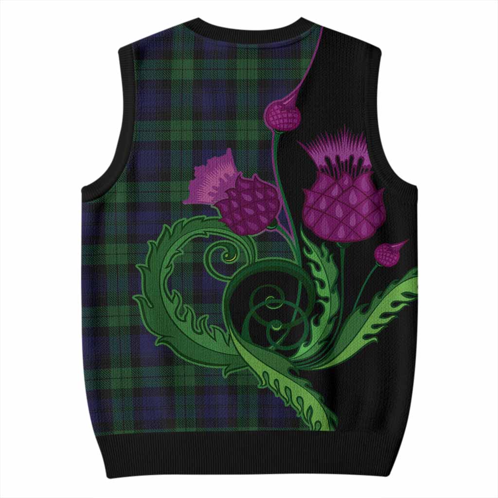 Black Watch Tartan Knitted V-Neck Vest Traditional Scottish Thistle