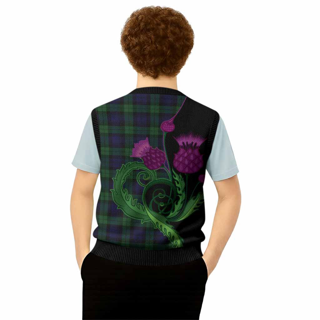 Black Watch Tartan Knitted V-Neck Vest Traditional Scottish Thistle