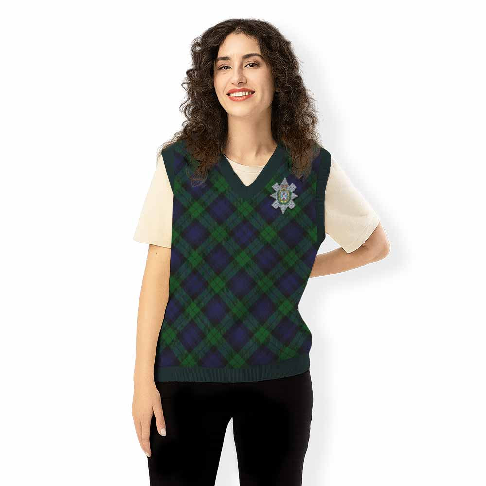 Black Watch Tartan Knitted V-Neck Vest with Family Crest Cross Style