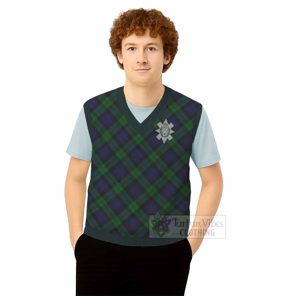 Black Watch Tartan Knitted V-Neck Vest with Family Crest Cross Style