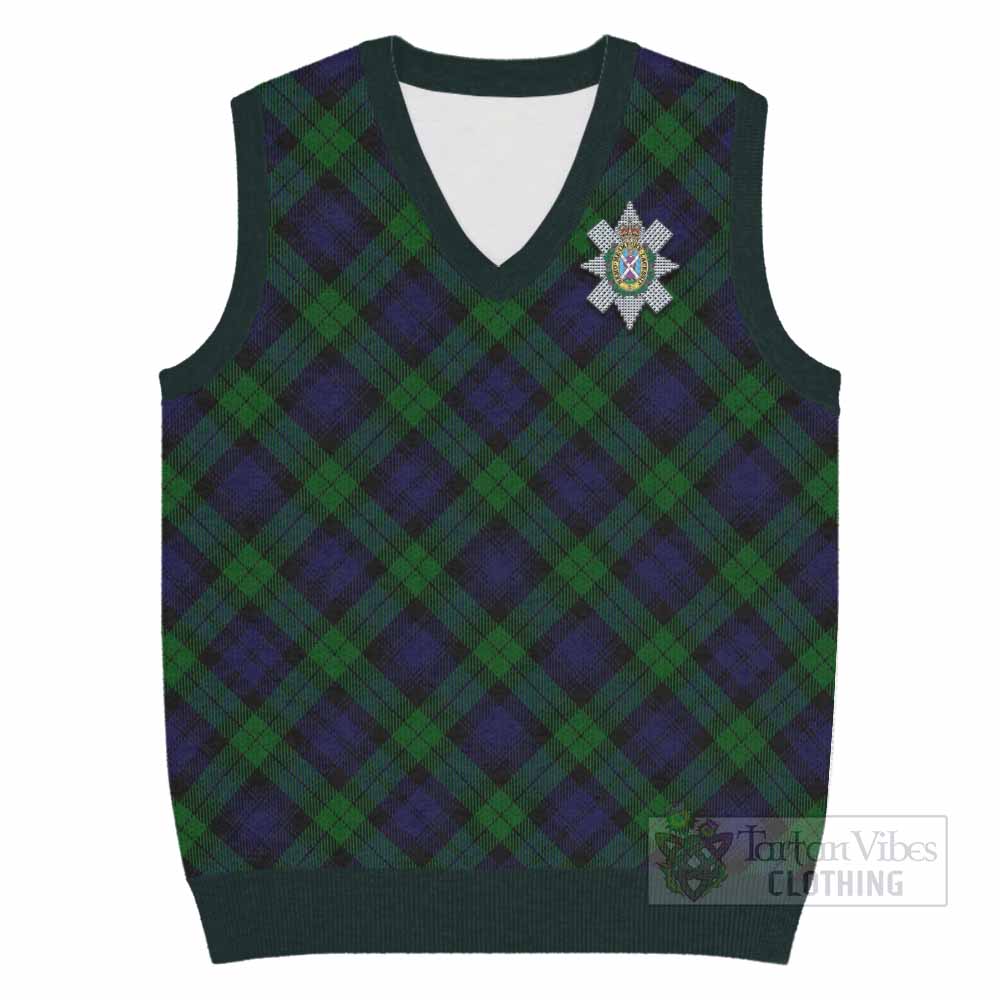 Black Watch Tartan Knitted V-Neck Vest with Family Crest Cross Style