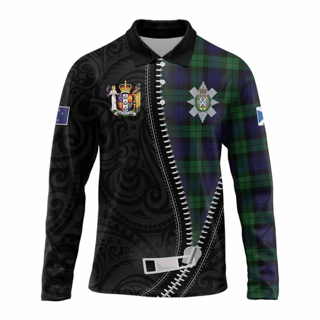 Black Watch Tartan Long Sleeve Polo Shirt New Zealand Pattern Unique Zipper Stylized