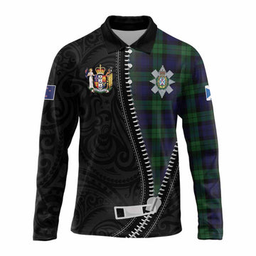 Black Watch Tartan Long Sleeve Polo Shirt New Zealand Pattern Unique Zipper Stylized
