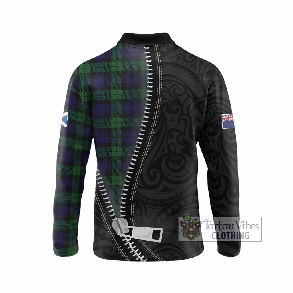 Black Watch Tartan Long Sleeve Polo Shirt New Zealand Pattern Unique Zipper Stylized