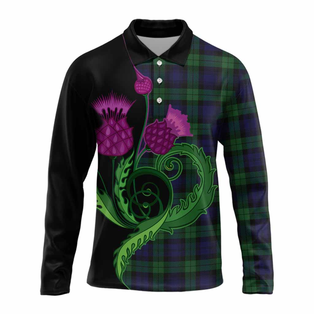 Black Watch Tartan Long Sleeve Polo Shirt Traditional Scottish Thistle