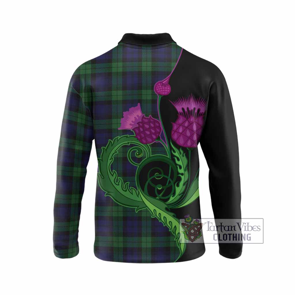Black Watch Tartan Long Sleeve Polo Shirt Traditional Scottish Thistle