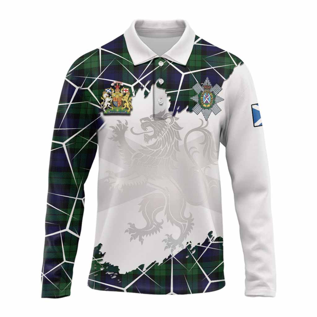 Black Watch Tartan Long Sleeve Polo Shirt with Family Crest and Lion Rampant Grunge Style