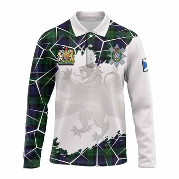 Black Watch Tartan Long Sleeve Polo Shirt with Family Crest and Lion Rampant Grunge Style