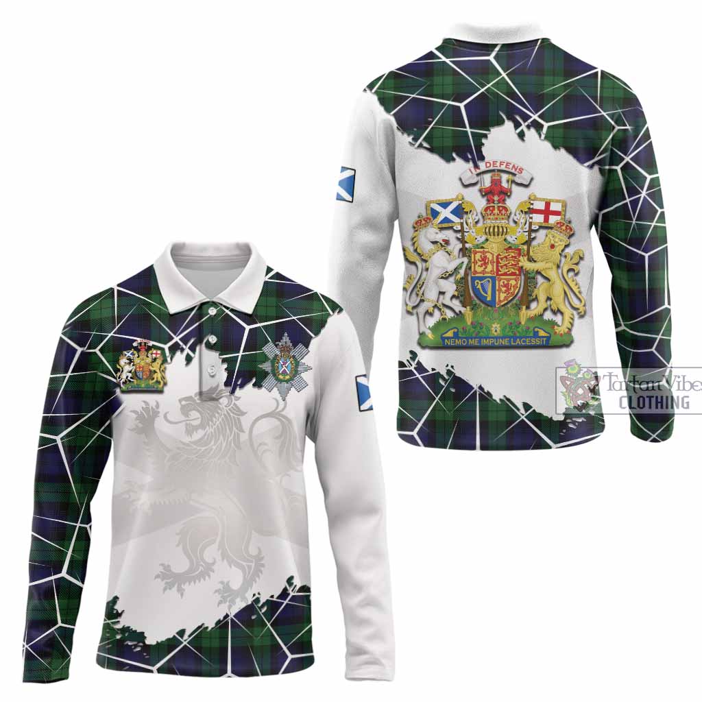 Black Watch Tartan Long Sleeve Polo Shirt with Family Crest and Lion Rampant Grunge Style