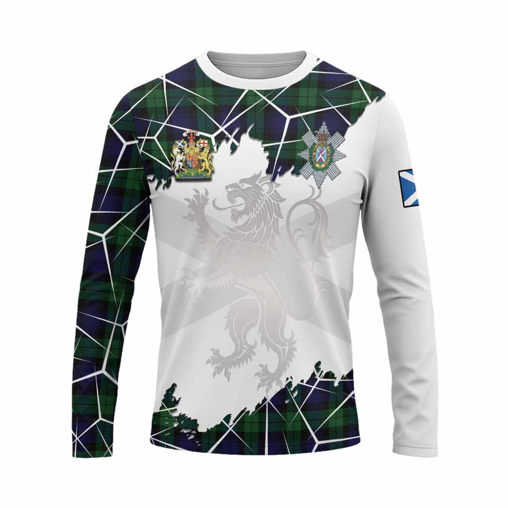 Black Watch Tartan Long Sleeve T-Shirt with Family Crest and Lion Rampant Grunge Style