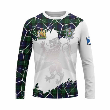 Black Watch Tartan Long Sleeve T-Shirt with Family Crest and Lion Rampant Grunge Style