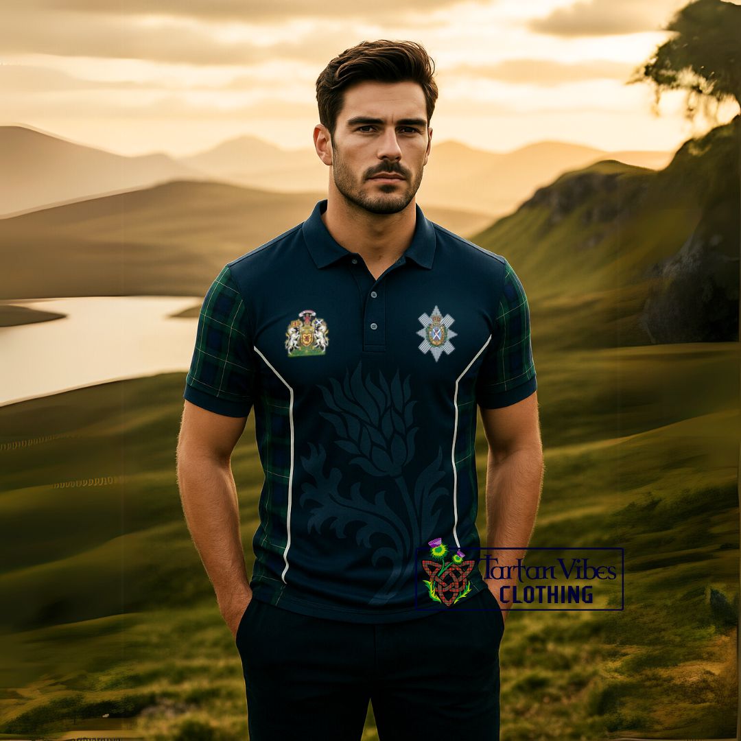 Black Watch Tartan Men's Polo Shirt with Family Crest and Scottish Thistle Vibes Sport Style