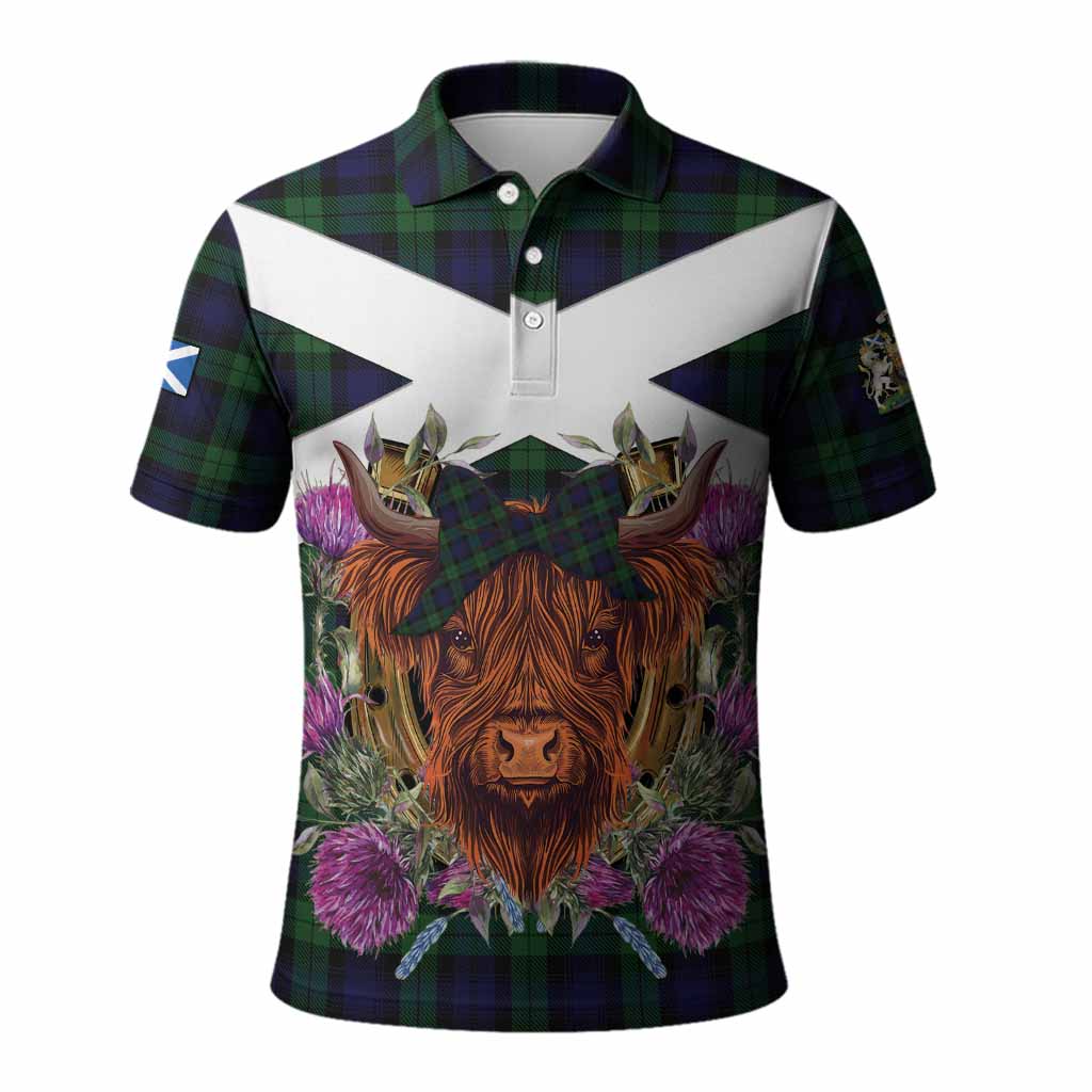Black Watch Tartan Polo Shirt Scottish Thistle Heilan Coo