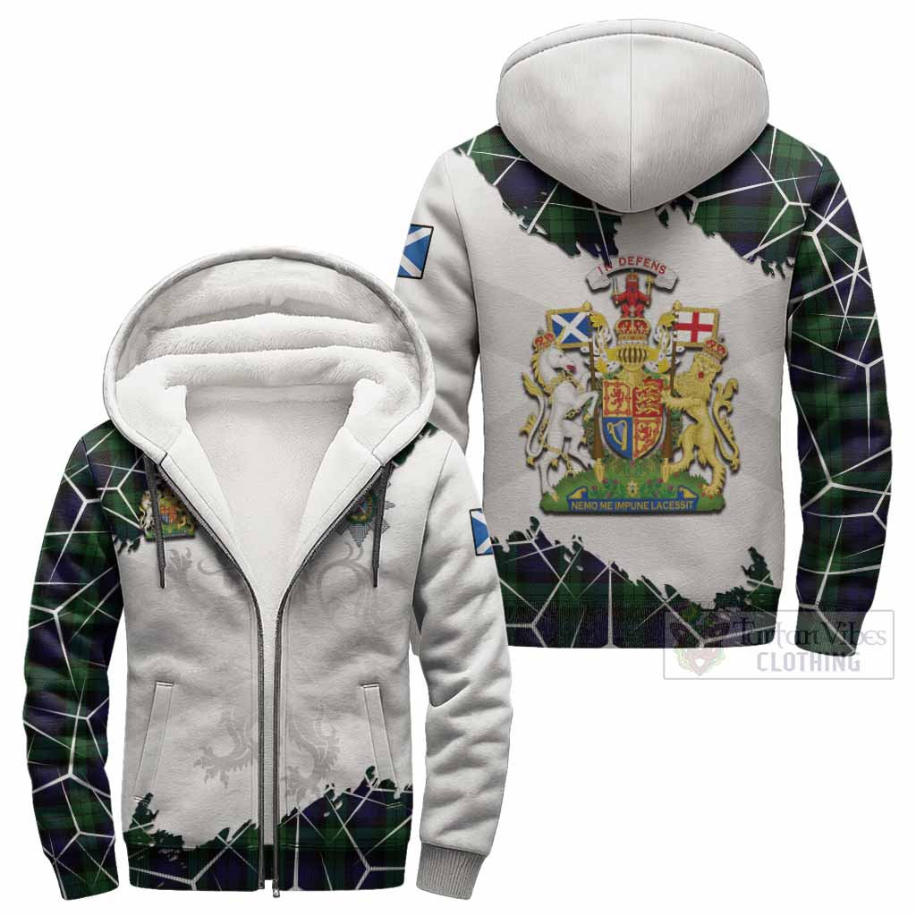 Black Watch Tartan Sherpa Hoodie with Family Crest and Lion Rampant Grunge Style