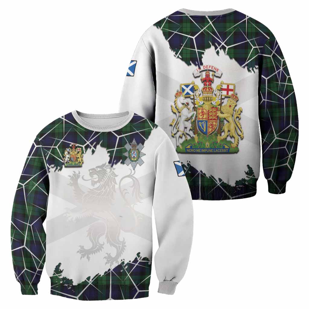 Black Watch Tartan Sweatshirt with Family Crest and Lion Rampant Grunge Style