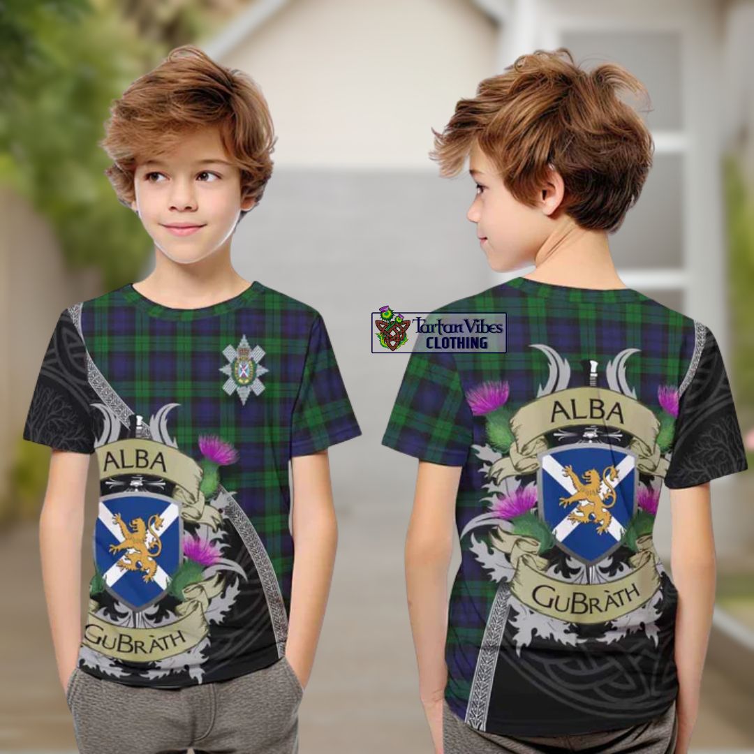 Black Watch Tartan Family Crest Kid T-Shirt Lion Rampant Royal Thistle Shield Celtic Inspired