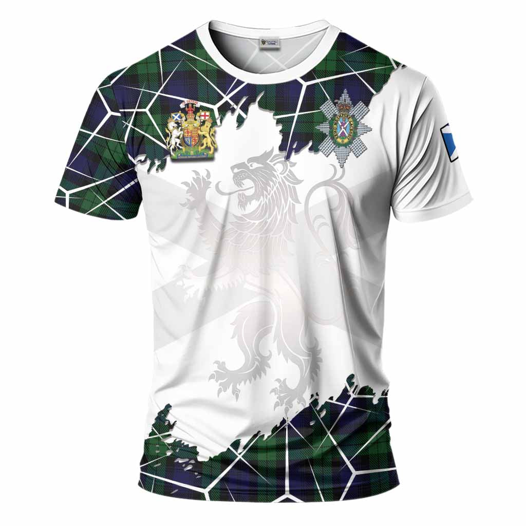 Black Watch Tartan T-Shirt with Family Crest and Lion Rampant Grunge Style