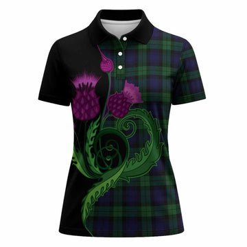 Black Watch Tartan Women Polo Shirt Traditional Scottish Thistle