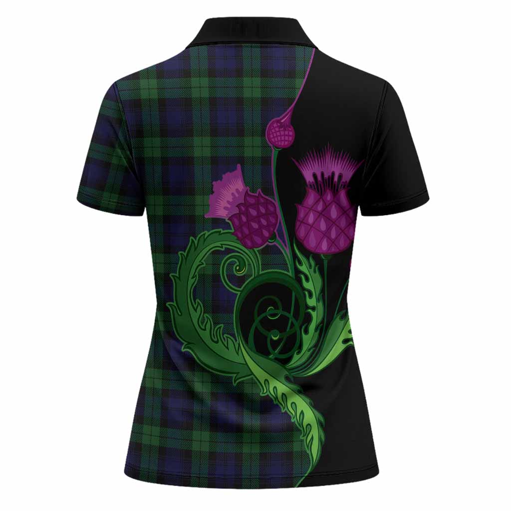 Black Watch Tartan Women Polo Shirt Traditional Scottish Thistle