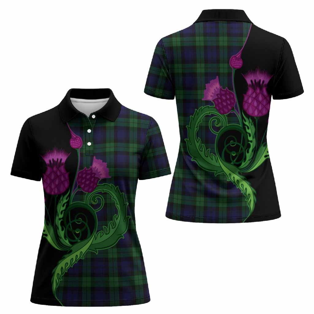 Black Watch Tartan Women Polo Shirt Traditional Scottish Thistle