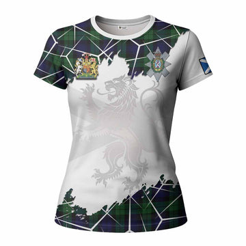 Black Watch Tartan Women T shirt with Family Crest and Lion Rampant Grunge Style