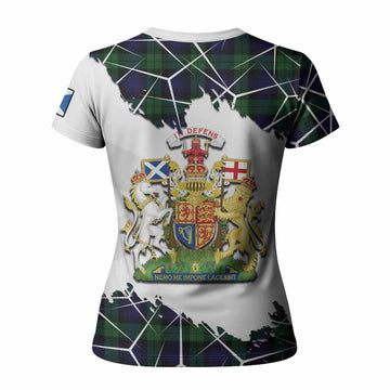 Black Watch Tartan Women T shirt with Family Crest and Lion Rampant Grunge Style