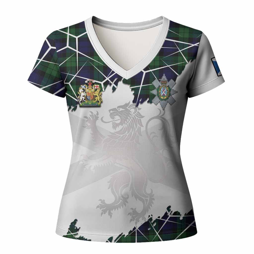 Black Watch Tartan Women T shirt with Family Crest and Lion Rampant Grunge Style