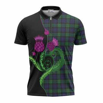 Black Watch Tartan Zipper Polo Shirt Traditional Scottish Thistle
