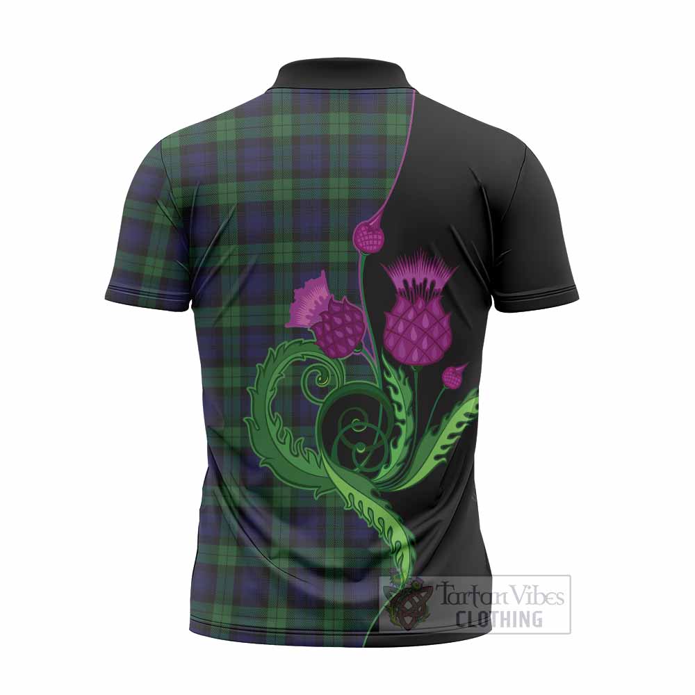 Black Watch Tartan Zipper Polo Shirt Traditional Scottish Thistle