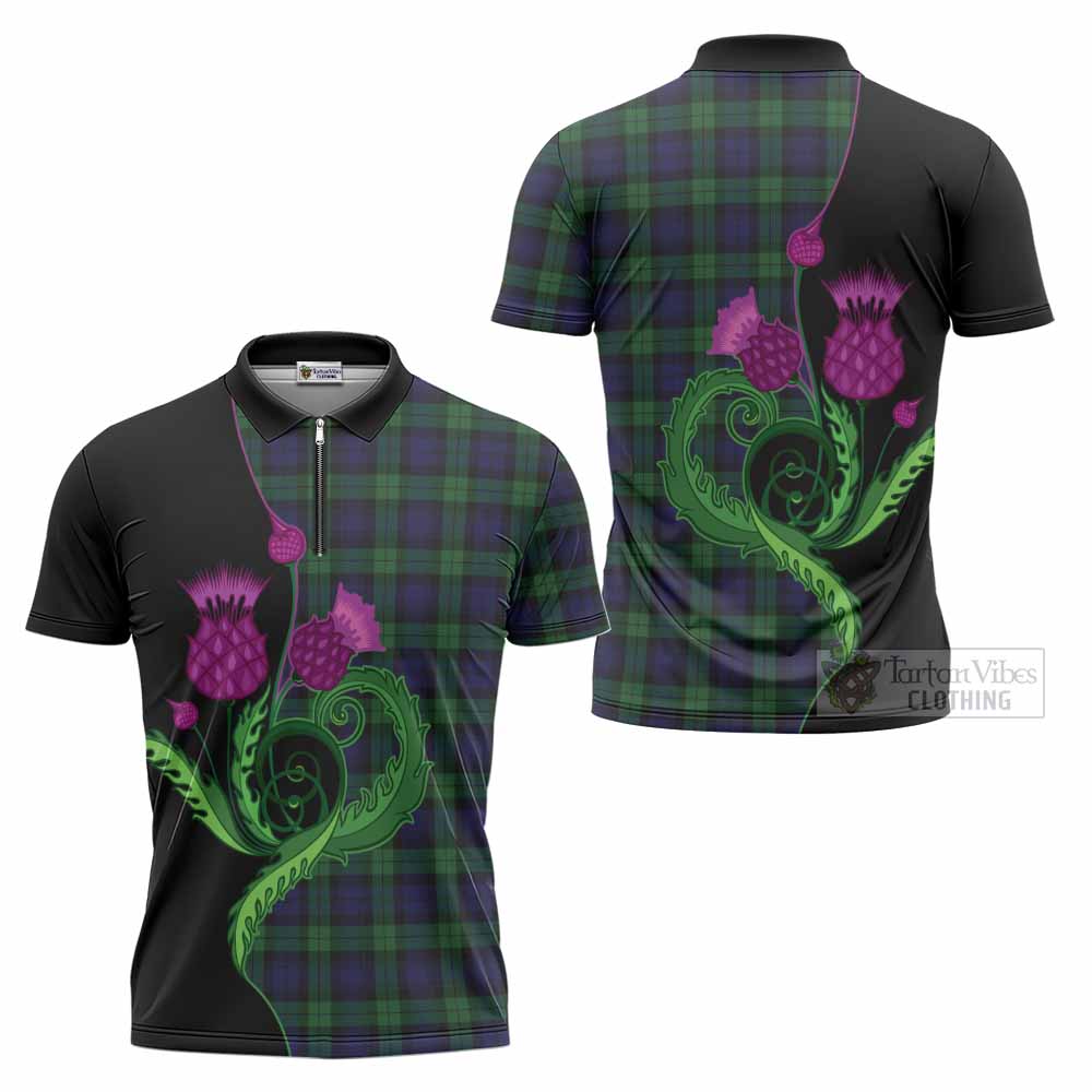 Black Watch Tartan Zipper Polo Shirt Traditional Scottish Thistle