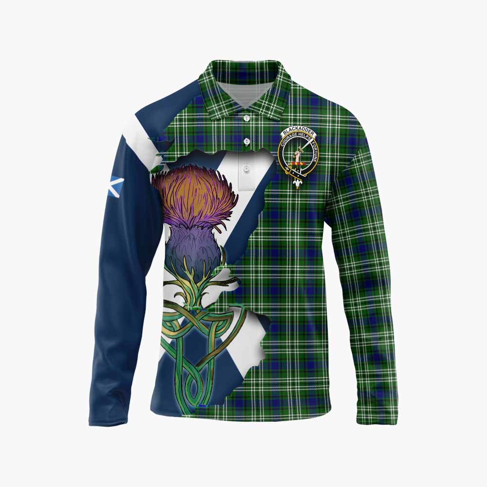 Tartan Vibes Clothing Blackadder Tartan Family Crest Long Sleeve Polo Shirt Scottish Thistle Celtic Inspired