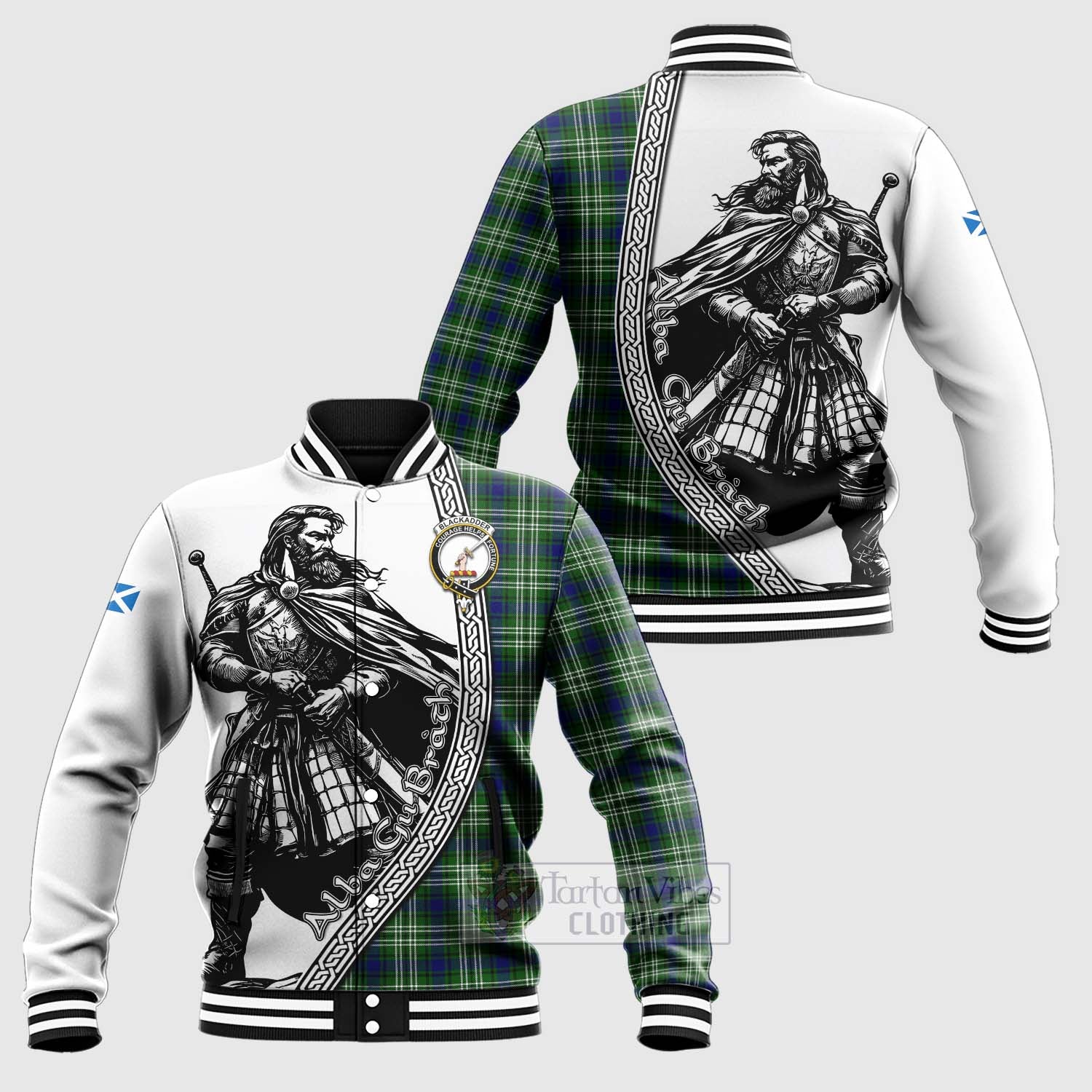 Blackadder Tartan Clan Crest Baseball Jacket with Highlander Warrior Celtic Style Unisex - Tartan Vibes Clothing