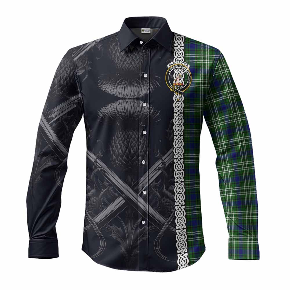 Tartan Vibes Clothing Blackadder Tartan Long Sleeve Button Shirt with Family Crest Cross Sword Thistle Celtic Vibes