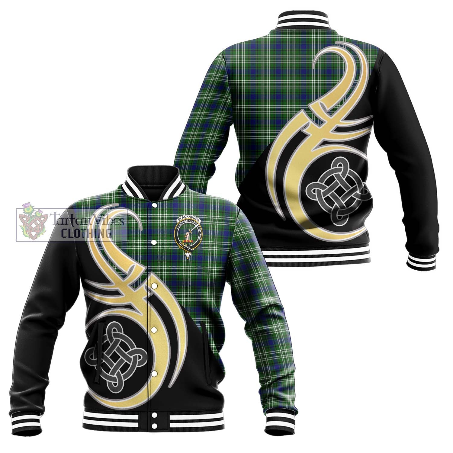 Blackadder Tartan Baseball Jacket with Family Crest and Celtic Symbol Style Unisex - Tartan Vibes Clothing