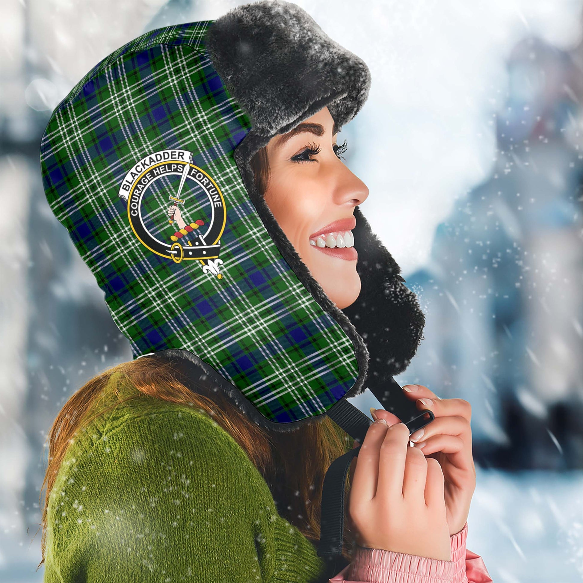 Blackadder Tartan Winter Trapper Hat with Family Crest Winter Trapper Hat Universal Fit Circumference 22.8in (58cm) - Tartan Vibes Clothing