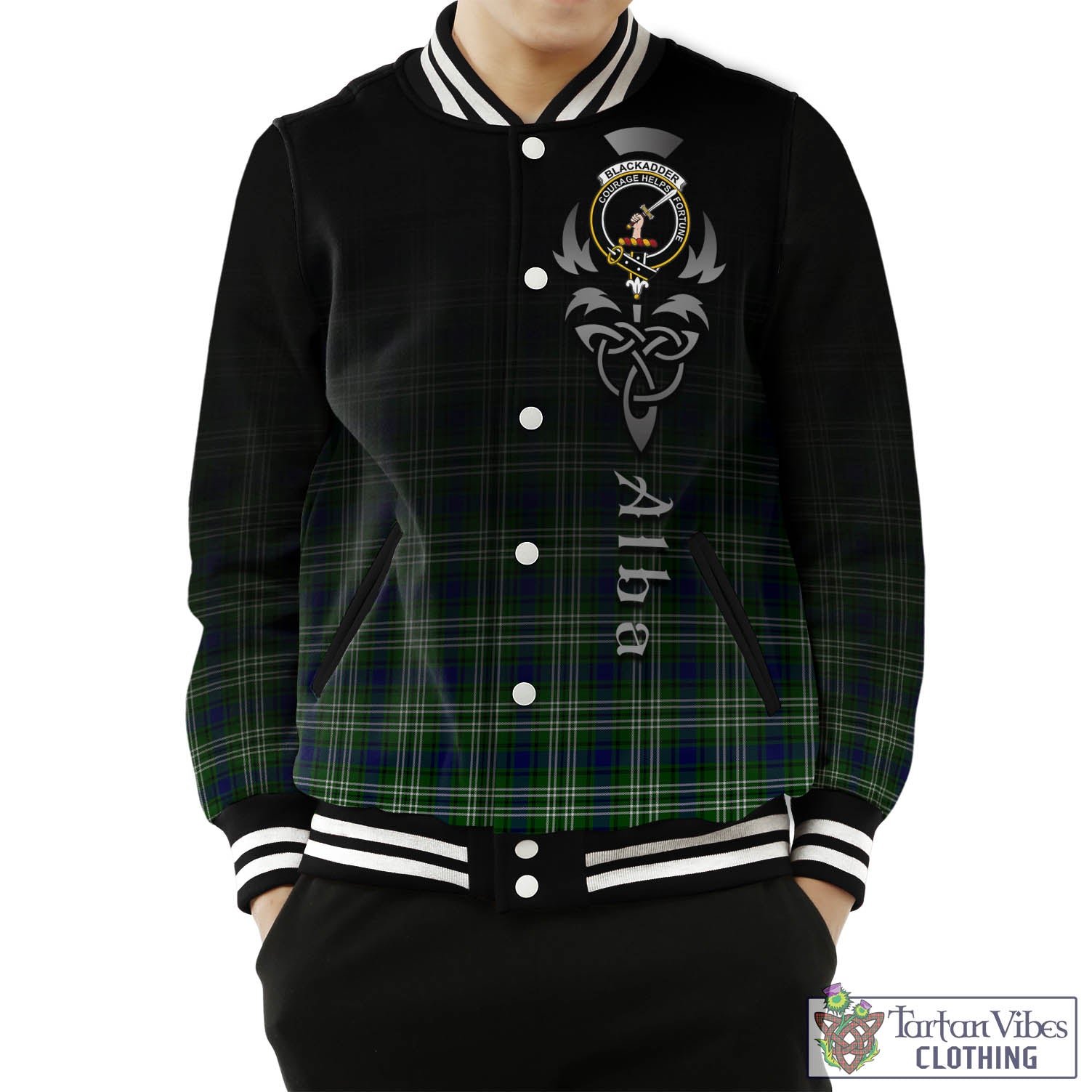 Tartan Vibes Clothing Blackadder Tartan Baseball Jacket Featuring Alba Gu Brath Family Crest Celtic Inspired