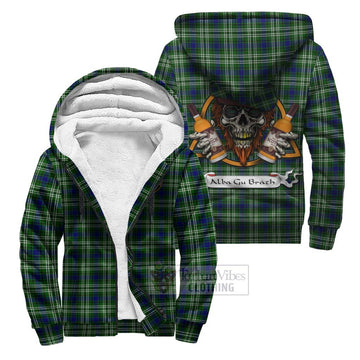 Blackadder Tartan Sherpa Hoodie with Family Crest and Bearded Skull Holding Bottles of Whiskey Unisex S - Tartan Vibes Clothing