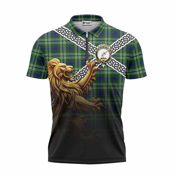 Blackadder Crest Tartan Zipper Polo Shirt with Golden Lion Emblem Celtic Style Unisex - Tartan Vibes Clothing