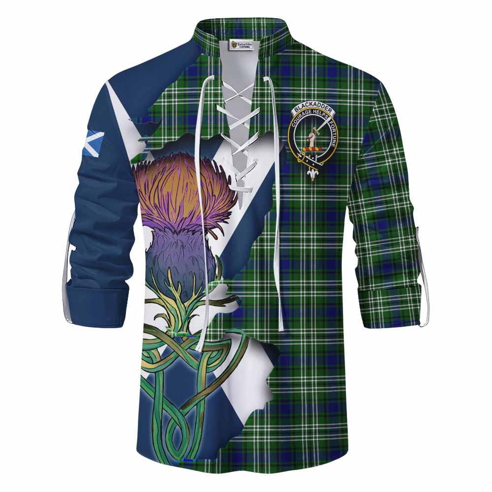 Tartan Vibes Clothing Blackadder Tartan Family Crest Ghillie Kilt Shirt Scottish Thistle Celtic Inspired