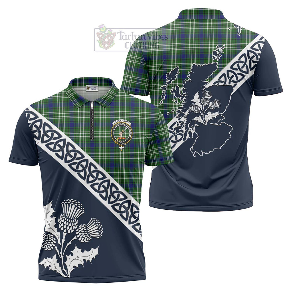 Blackadder Tartan Zipper Polo Shirt Featuring Thistle and Scotland Map Unisex - Tartanvibesclothing Store
