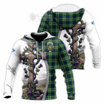 Blackadder Tartan Knitted Hoodie with Family Crest and St. Andrew's Cross Accented by Thistle Vines Unisex Knitted Pullover Hoodie - Tartan Vibes Clothing