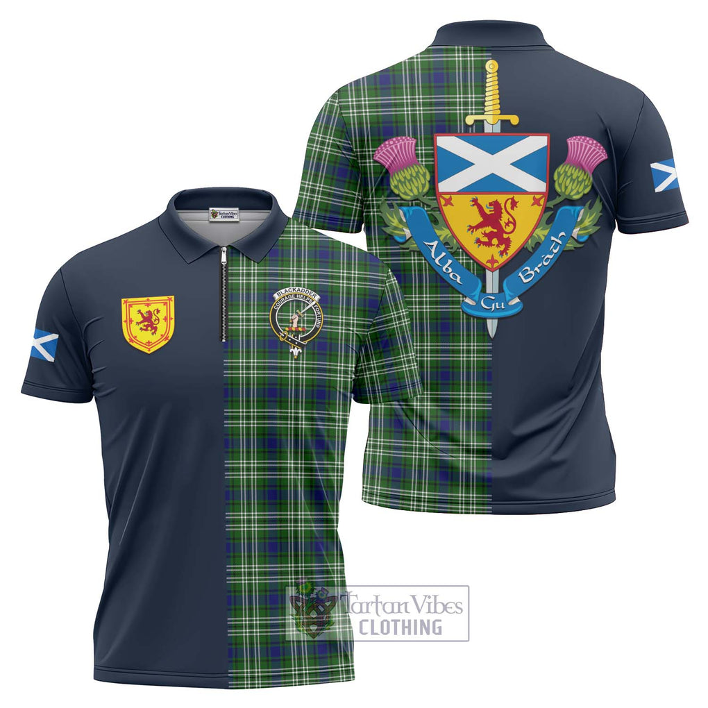 Blackadder Tartan Zipper Polo Shirt Alba with Scottish Lion Royal Arm Half Style Unisex - Tartan Vibes Clothing